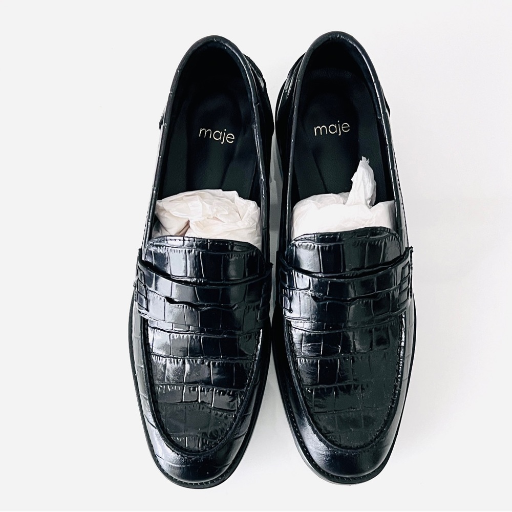Maje calfskin black croc embossed preppy loafer shoes